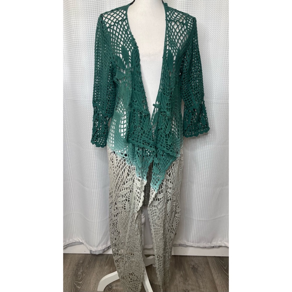 Green Ombre Crochet Open-Front Cardigan